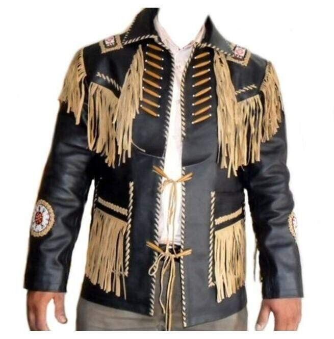 Native American Fringe Leather Jacket in Black | Handcrafted  | New