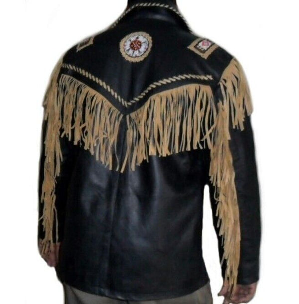 Native American Fringe Leather Jacket in Black | Handcrafted  | New