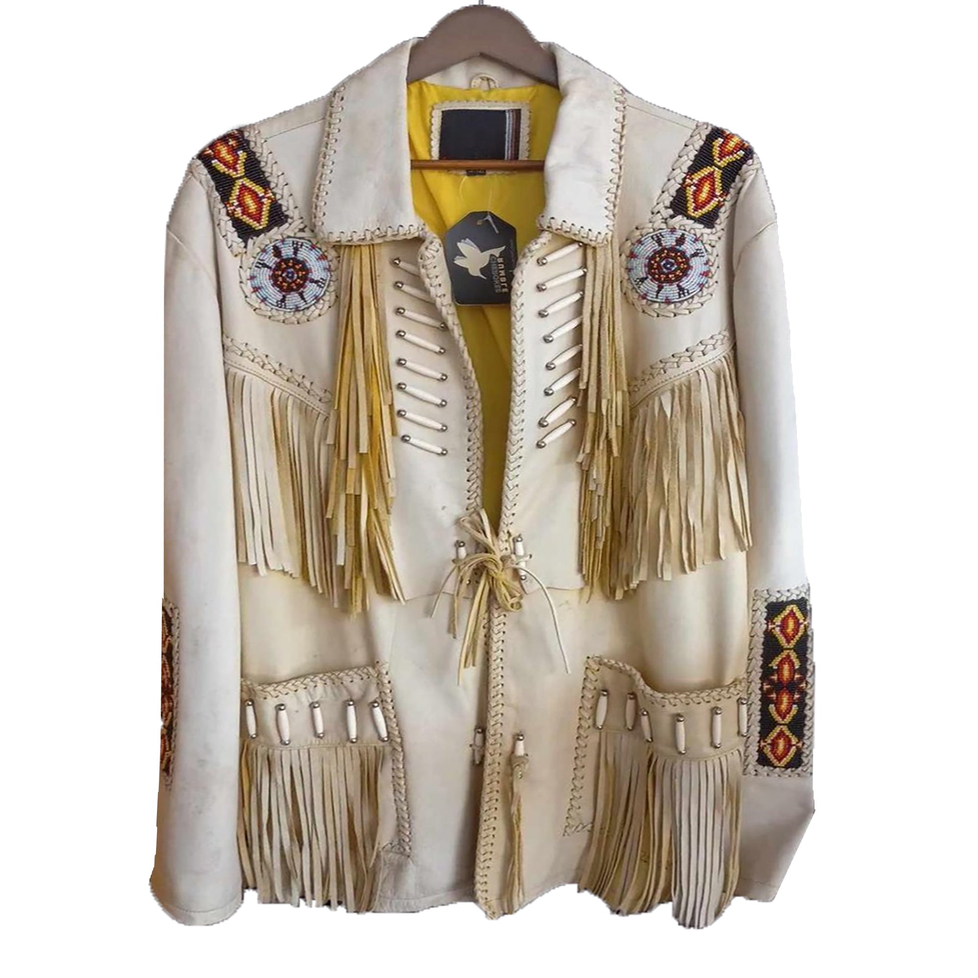 Native American Fringe White Leather Jacket | Handmade 2025 | New