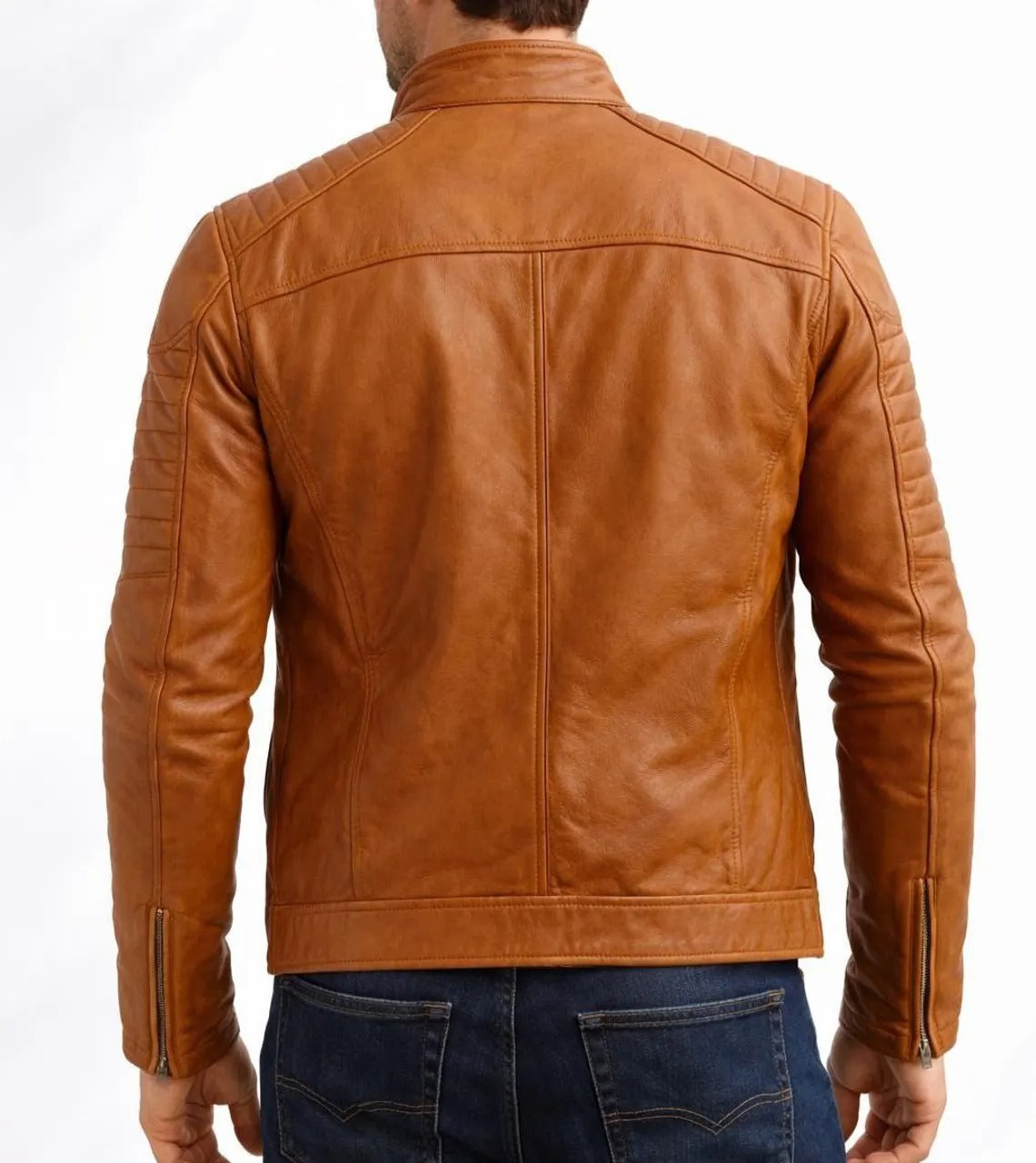 Men's Tan Brown Real Sheepskin Leather Cafe Racer Jacket | Handmade Biker Coat