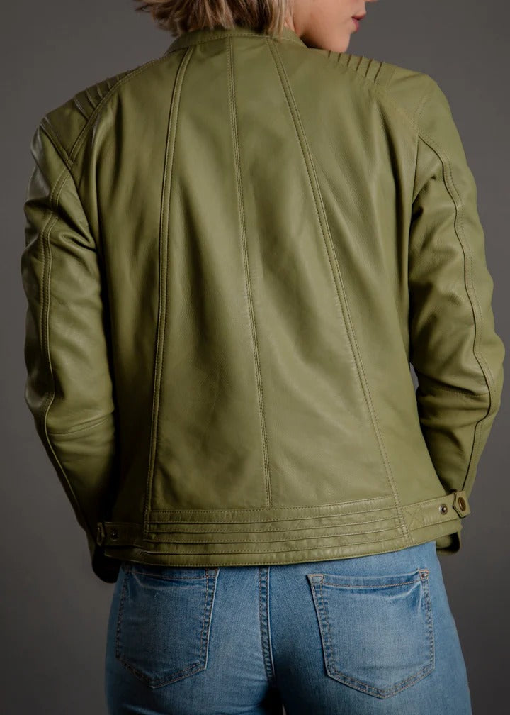 McKenzie Olive Green Leather Jacket | Premium Women's Moto Leather Jacket