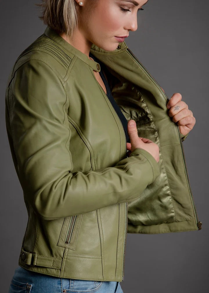 McKenzie Olive Green Leather Jacket | Premium Women's Moto Leather Jacket