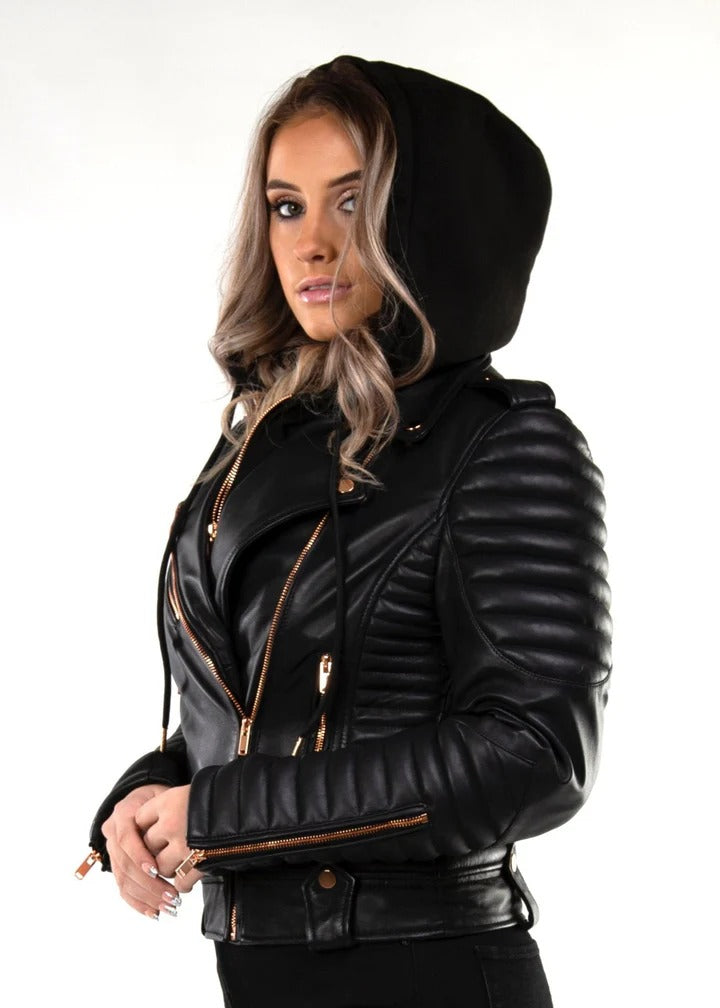 Gasoline Rose Gold WindPro Leather Jacket with Detachable Hood | Premium Sheepskin Biker Jacket