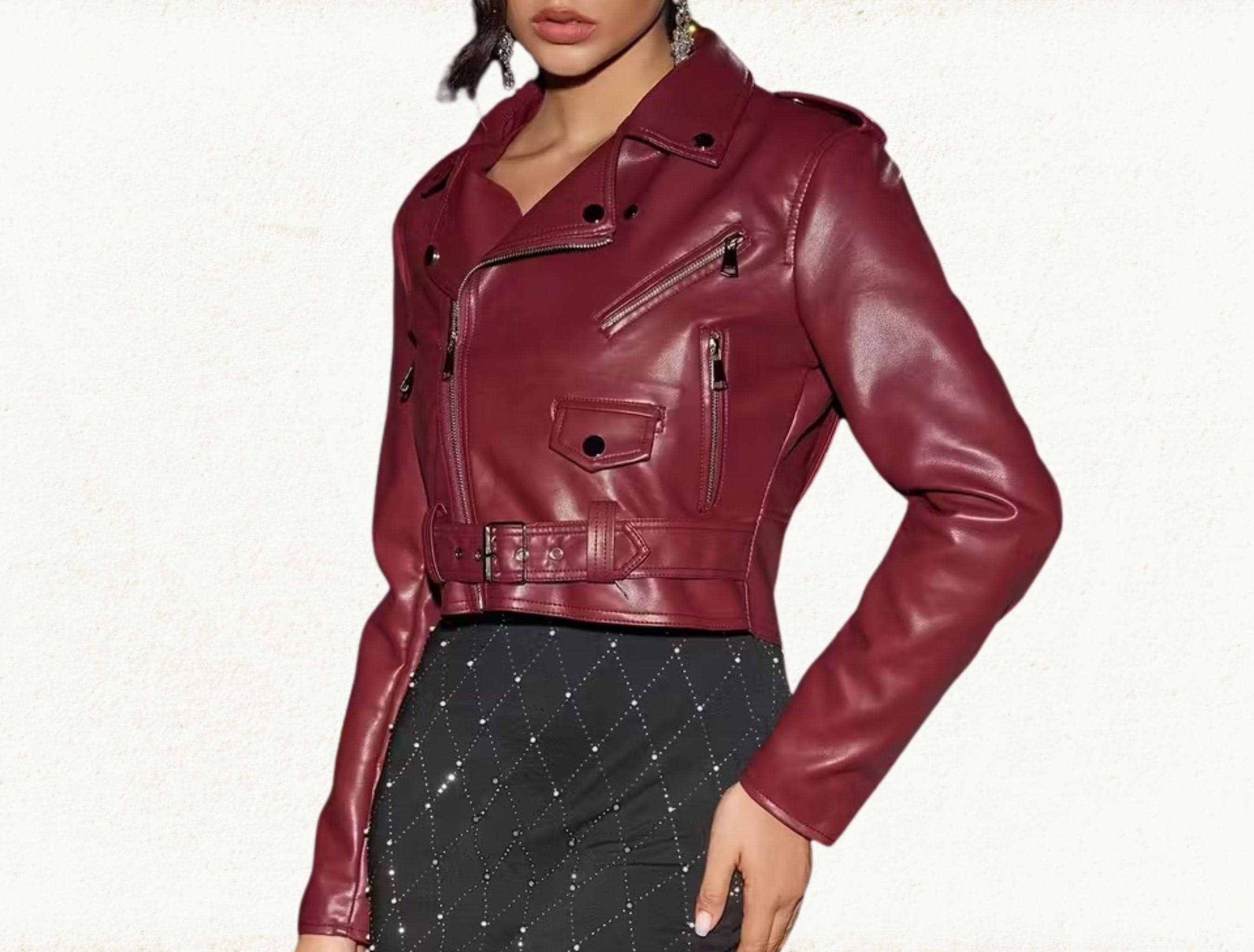 Women's Burgundy Genuine Leather Motorcycle Jacket | Cropped Biker Jacket | Handmade