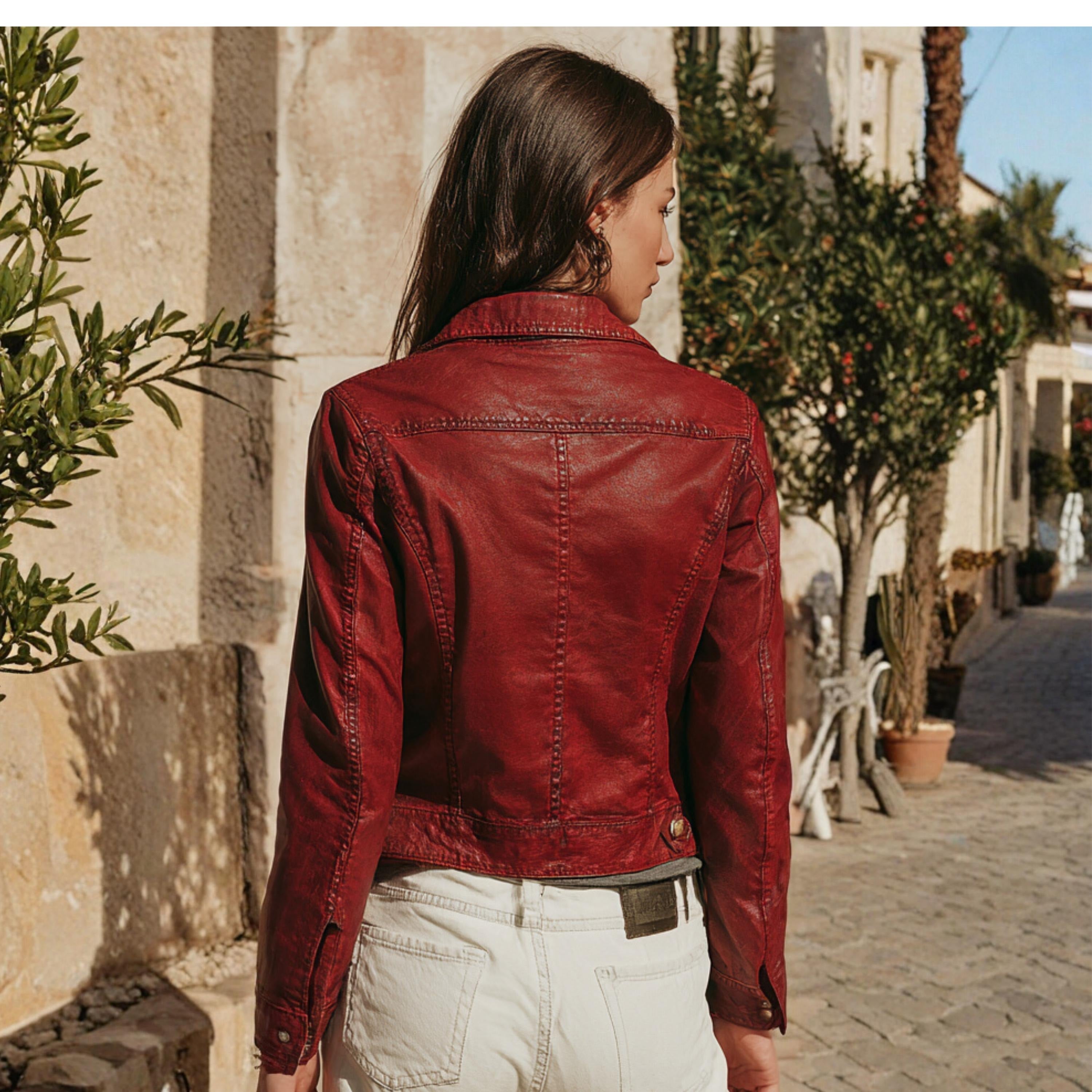 Women's Red Real Sheepskin Leather Biker Jacket | Slim Fit Handmade Moto Jacket | Vintage Style