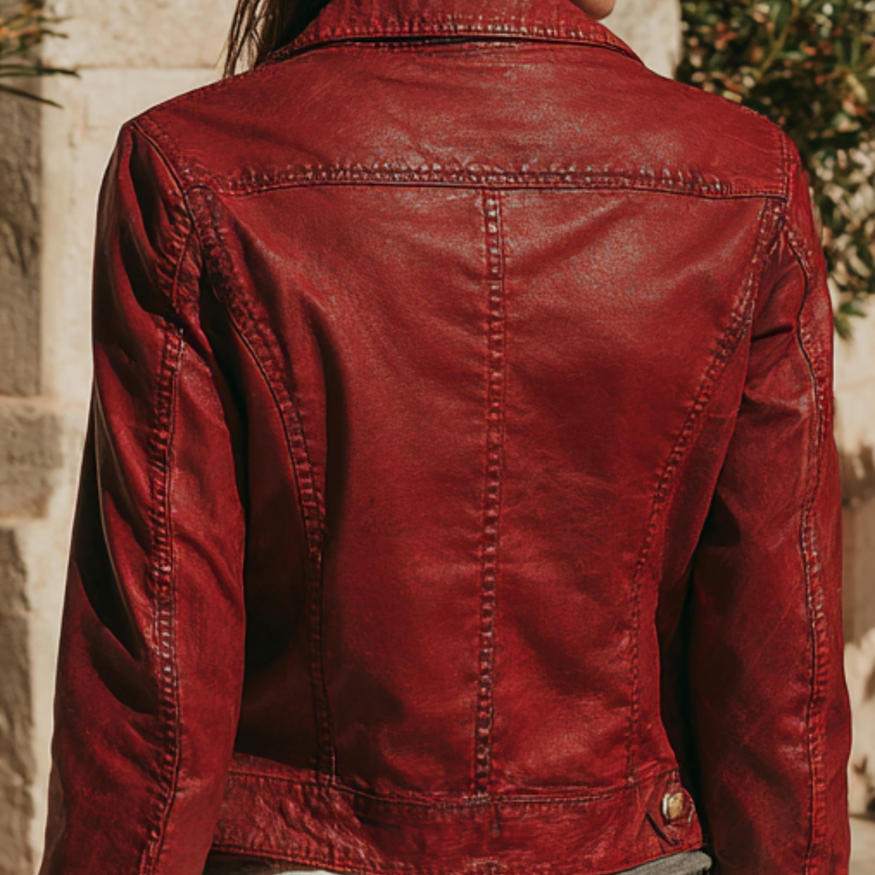 Women's Red Real Sheepskin Leather Biker Jacket | Slim Fit Handmade Moto Jacket | Vintage Style