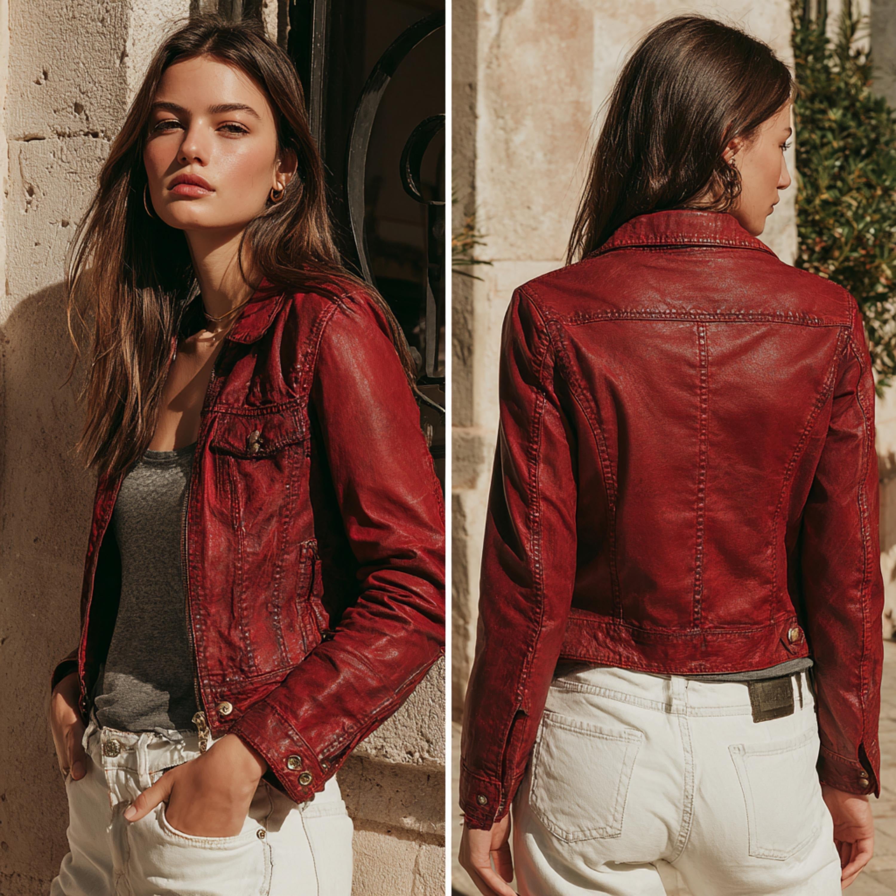 Women's Red Real Sheepskin Leather Biker Jacket | Slim Fit Handmade Moto Jacket | Vintage Style