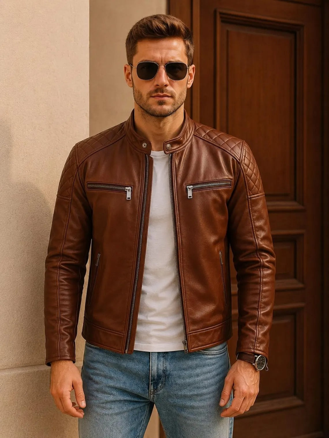 Men's Brown Genuine Leather Cafe Racer Jacket | Vintage Motorcycle Biker Jacket