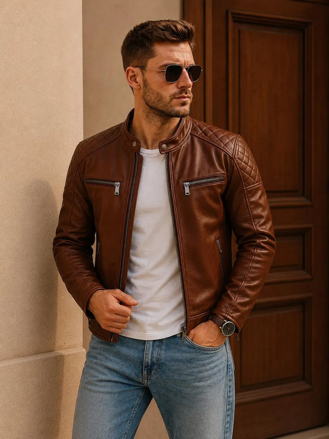 Men's Brown Genuine Leather Cafe Racer Jacket | Vintage Motorcycle Biker Jacket