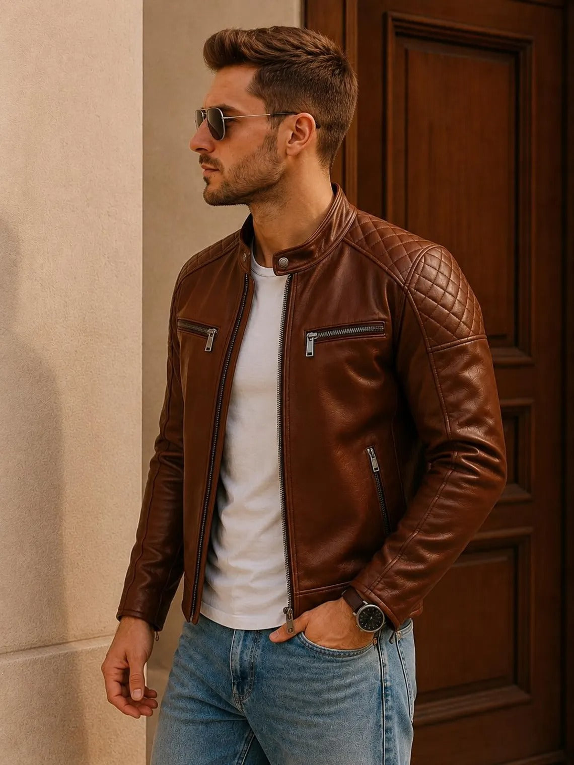 Men's Brown Genuine Leather Cafe Racer Jacket | Vintage Motorcycle Biker Jacket