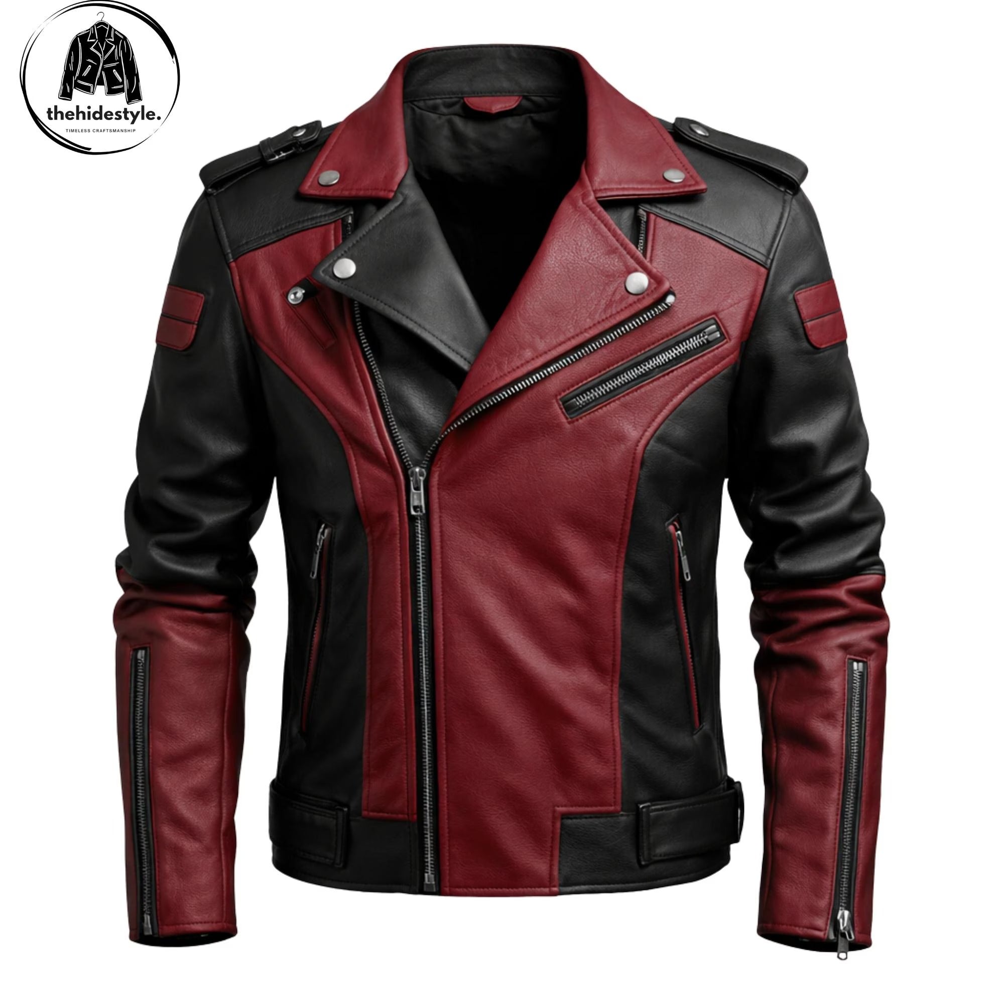 Men's Black & Burgundy Real Cowhide Leather Biker Jacket | Slim Fit Motorcycle Style