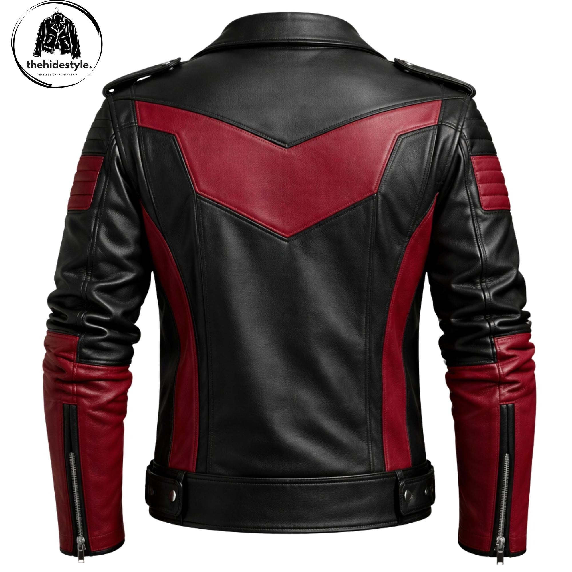 Men's Black & Burgundy Real Cowhide Leather Biker Jacket | Slim Fit Motorcycle Style