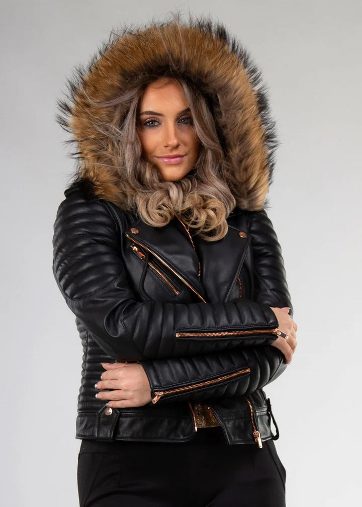 Gasoline Rose Gold Leather Jacket with Detachable Hood & Real Raccoon Fur | Wind Chill
