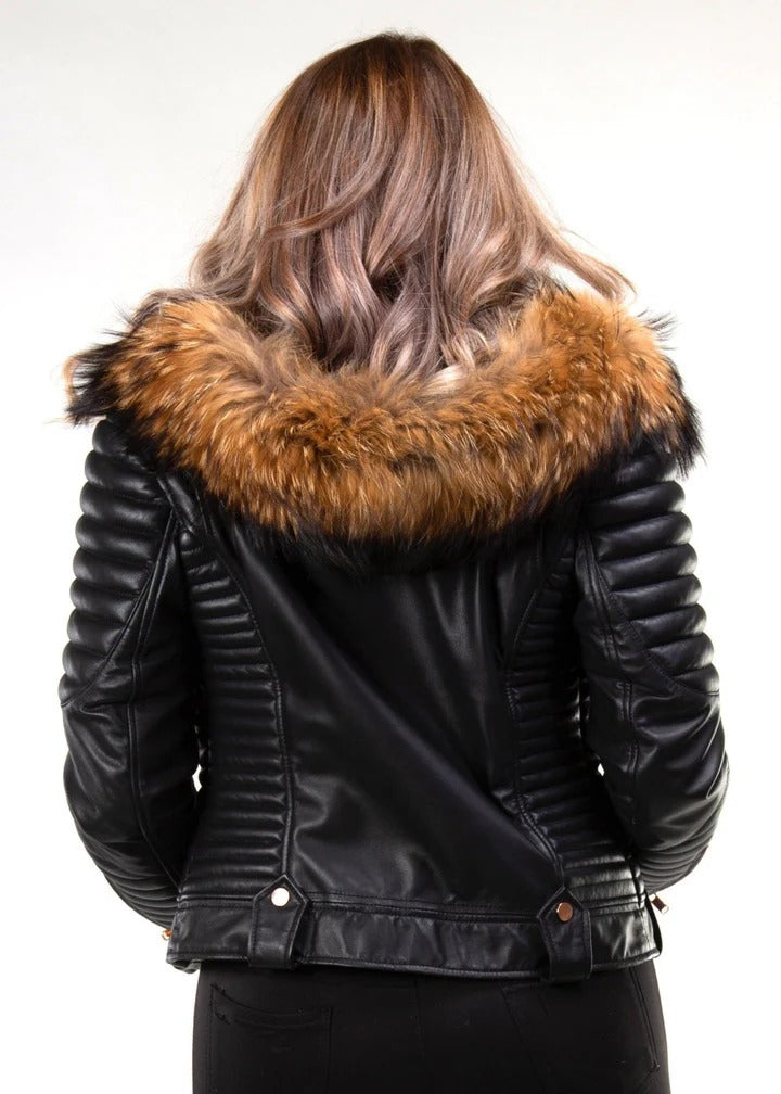 Gasoline Rose Gold Leather Jacket with Detachable Hood & Real Raccoon Fur | Wind Chill