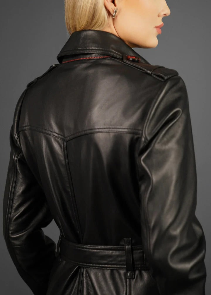 Koel Black Leather Trench Coat | Premium Genuine Leather Long Coat