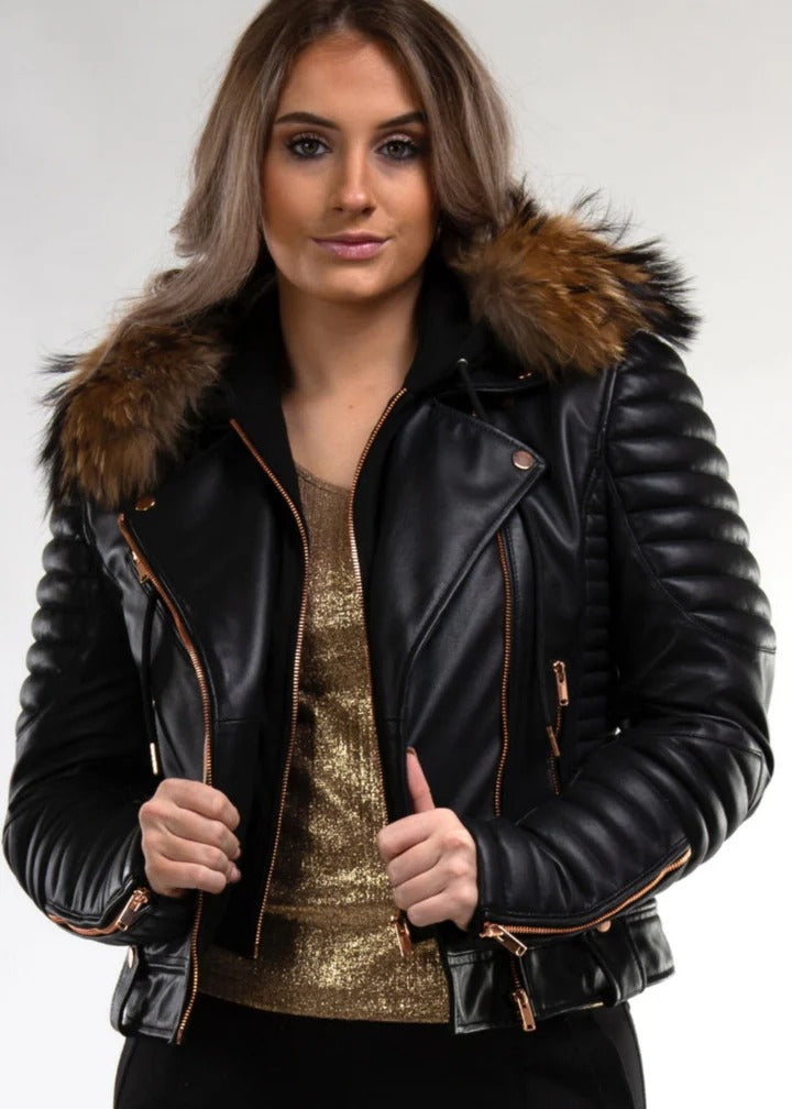 Gasoline Rose Gold Leather Jacket with Detachable Hood & Real Raccoon Fur | Wind Chill