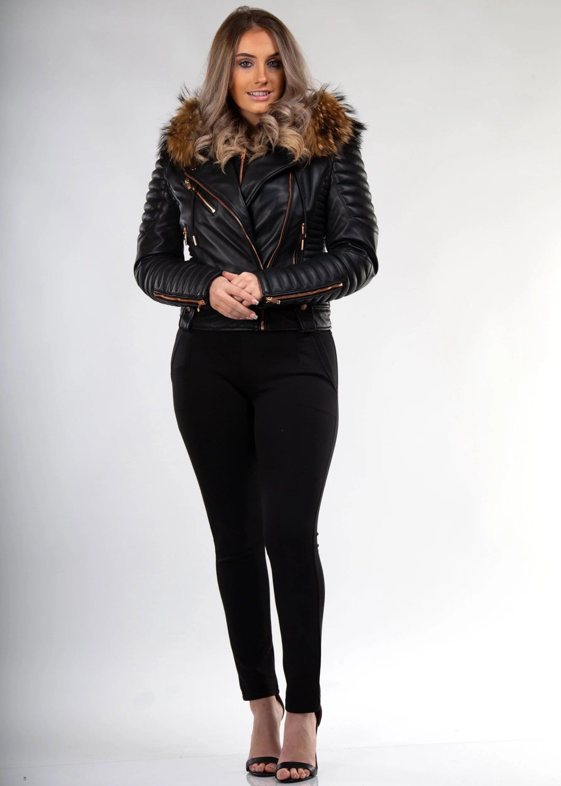 Gasoline Rose Gold Leather Jacket with Detachable Hood & Real Raccoon Fur | Wind Chill