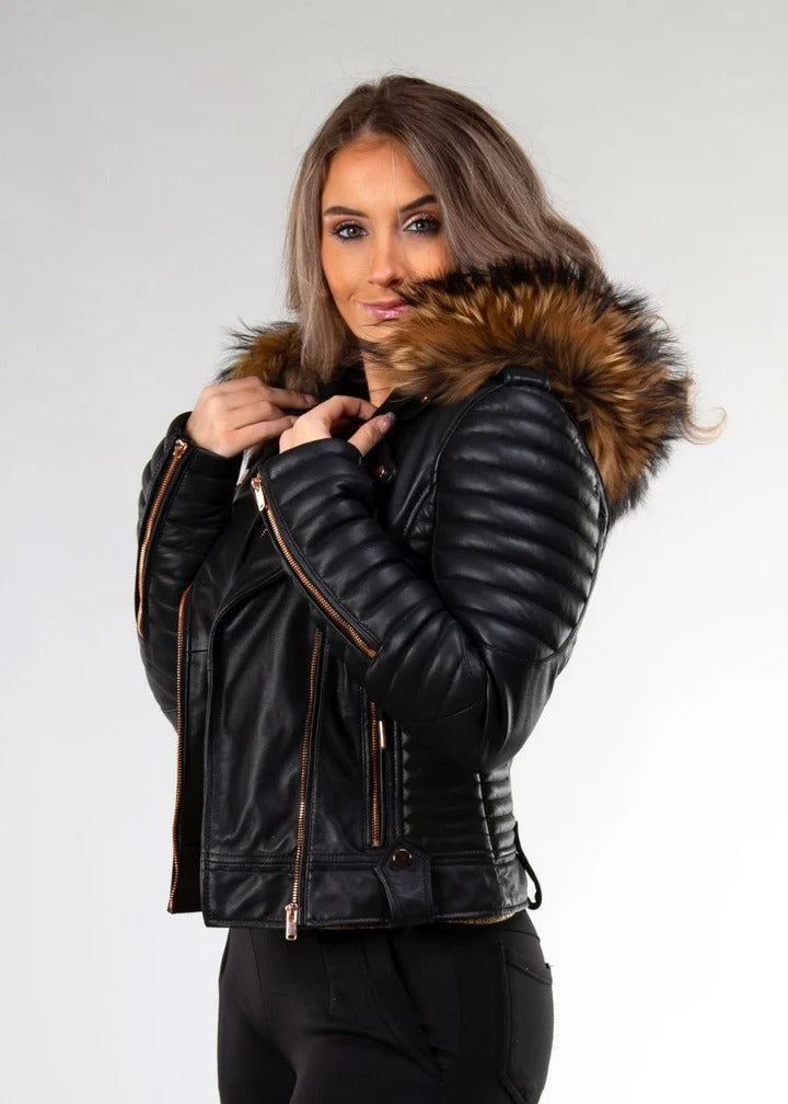 Gasoline Rose Gold Leather Jacket with Detachable Hood & Real Raccoon Fur | Wind Chill