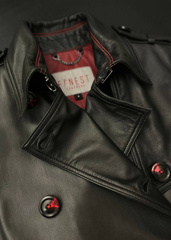 Koel Black Leather Trench Coat | Premium Genuine Leather Long Coat