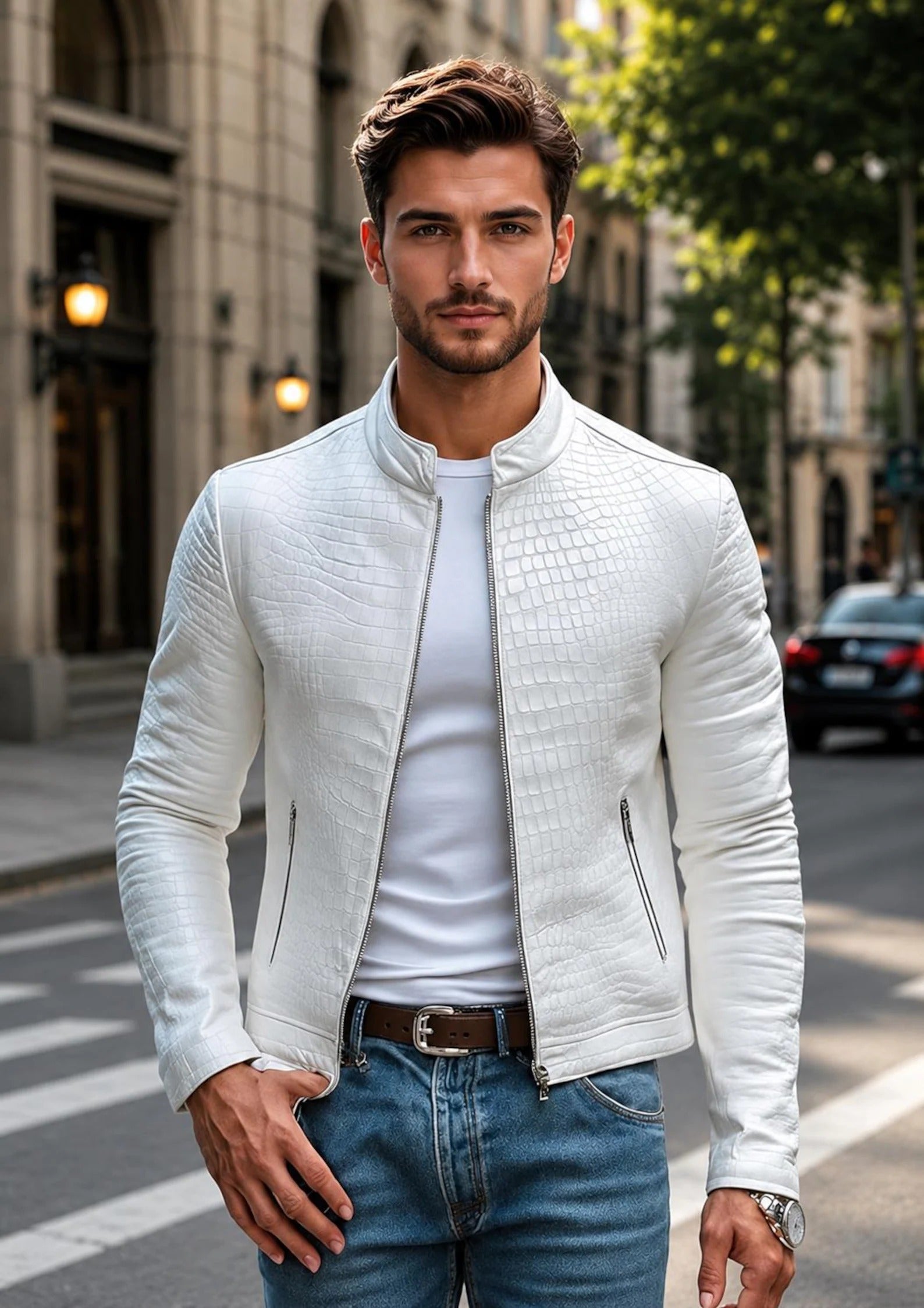 Men's White Crocodile-Embossed Genuine Leather Biker Jacket | Luxury Designer Style