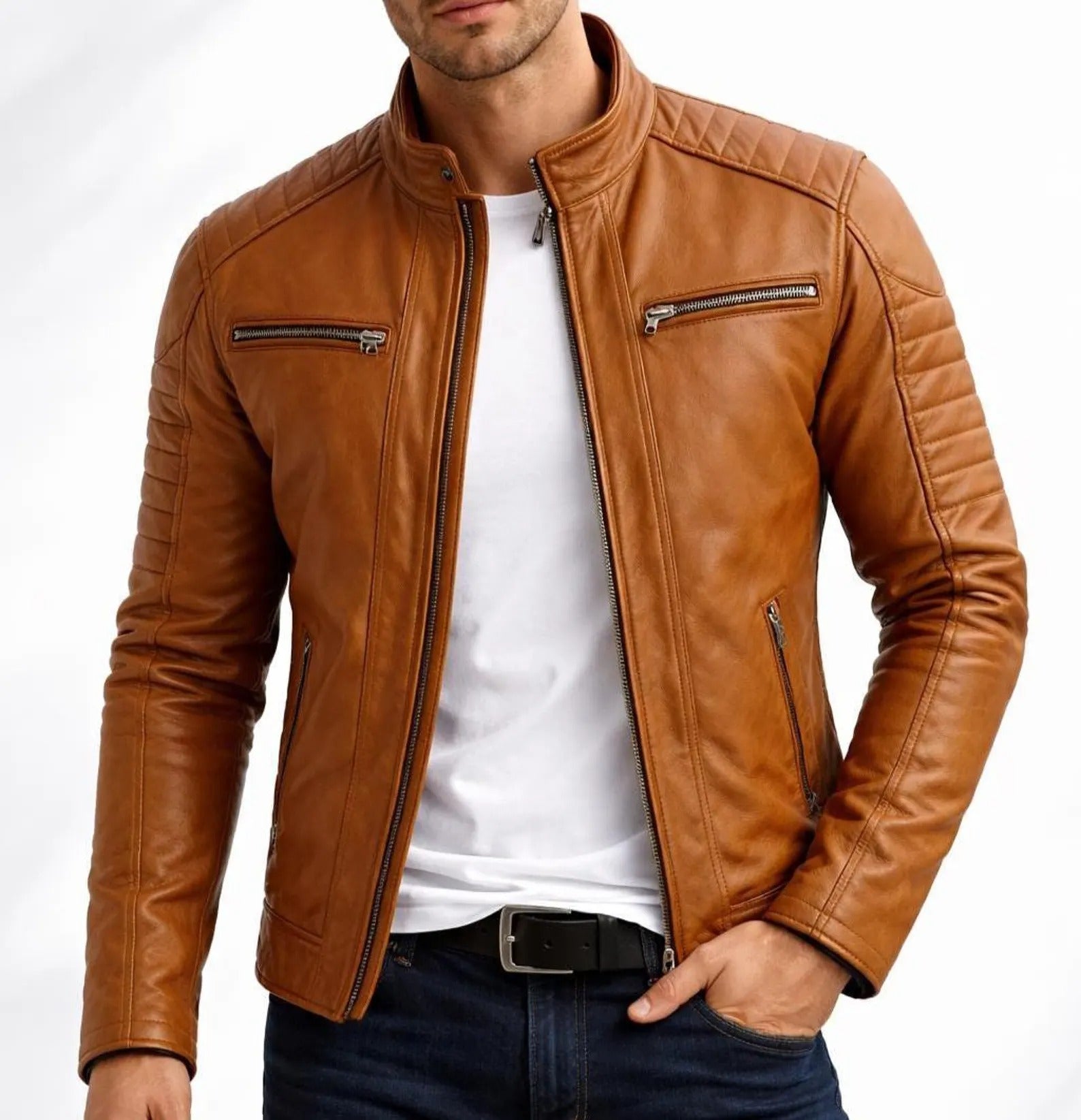 Men's Tan Brown Real Sheepskin Leather Cafe Racer Jacket | Handmade Biker Coat