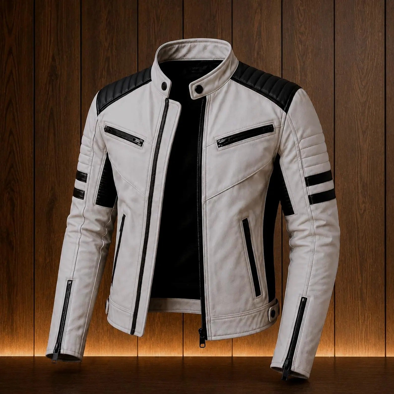 Men's White Genuine Leather Cafe Racer Jacket | Slim Fit Black Stripe Motorcycle Jacket