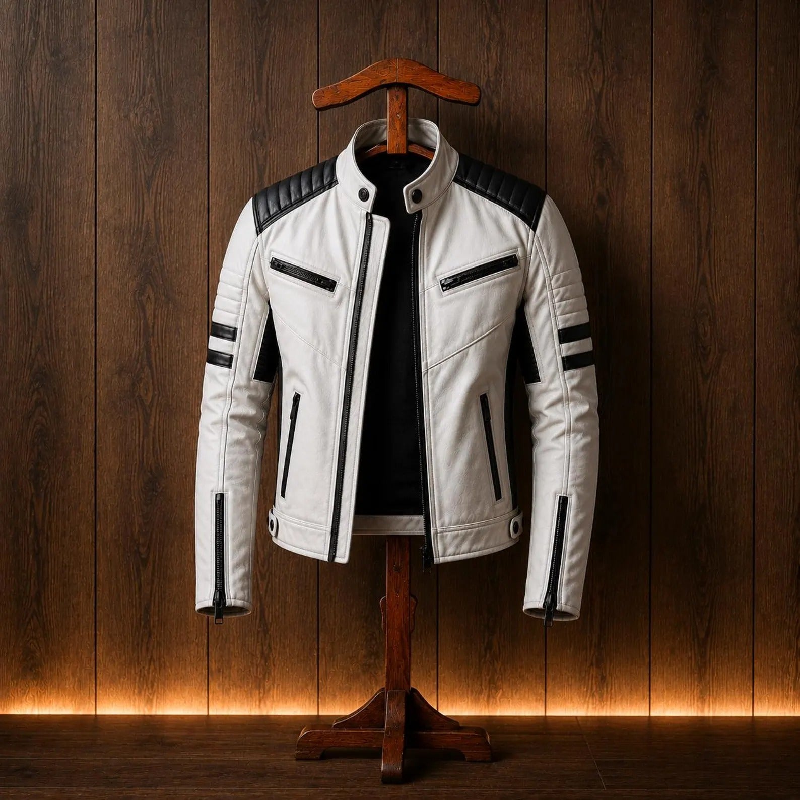 Men's White Genuine Leather Cafe Racer Jacket | Slim Fit Black Stripe Motorcycle Jacket