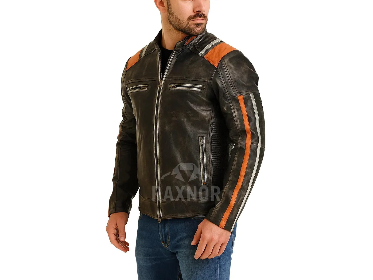 Men's Vintage Black Cafe Racer Leather Jacket | Distressed Striped Biker Style