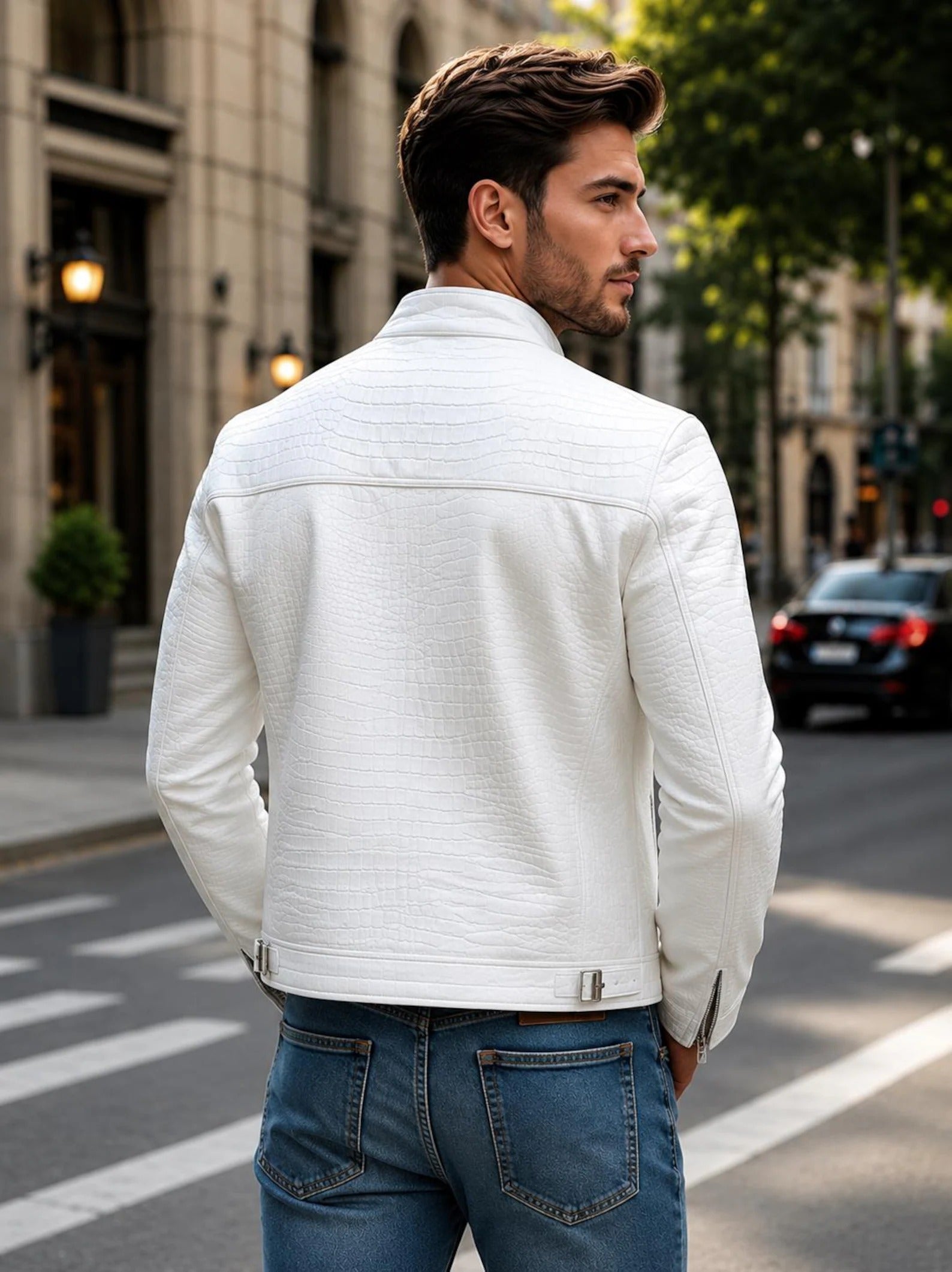 Men's White Crocodile-Embossed Genuine Leather Biker Jacket | Luxury Designer Style