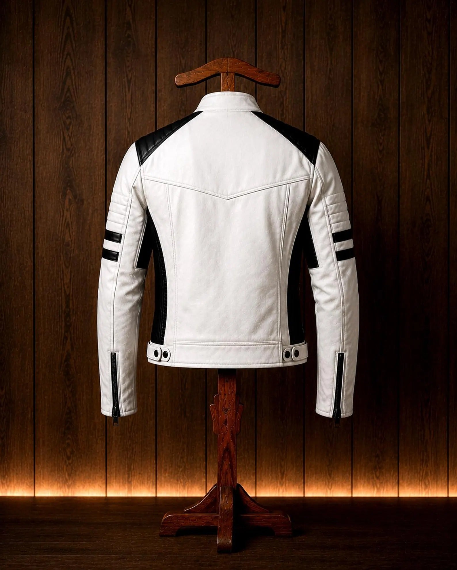 Men's White Genuine Leather Cafe Racer Jacket | Slim Fit Black Stripe Motorcycle Jacket
