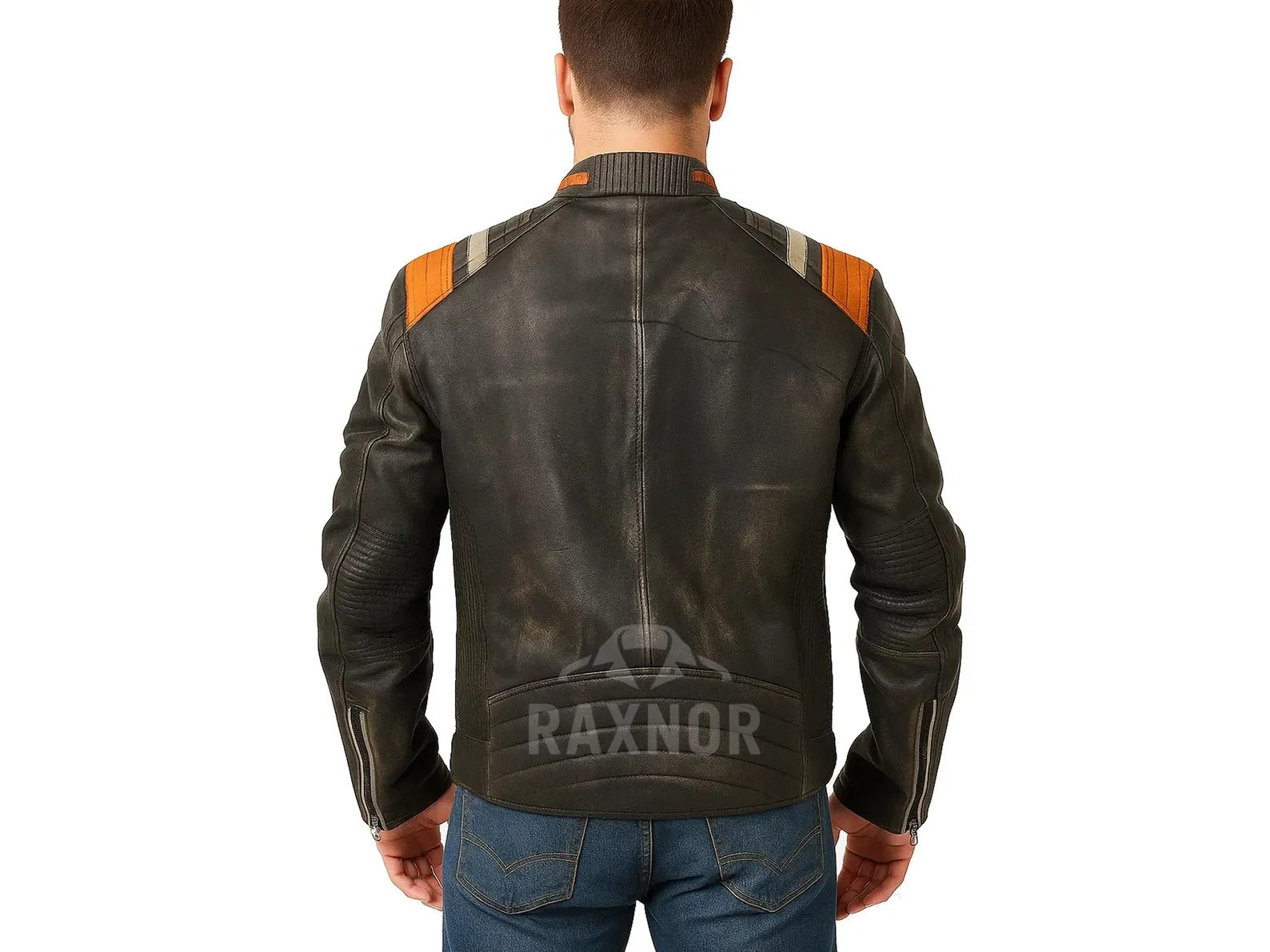 Men's Vintage Black Cafe Racer Leather Jacket | Distressed Striped Biker Style
