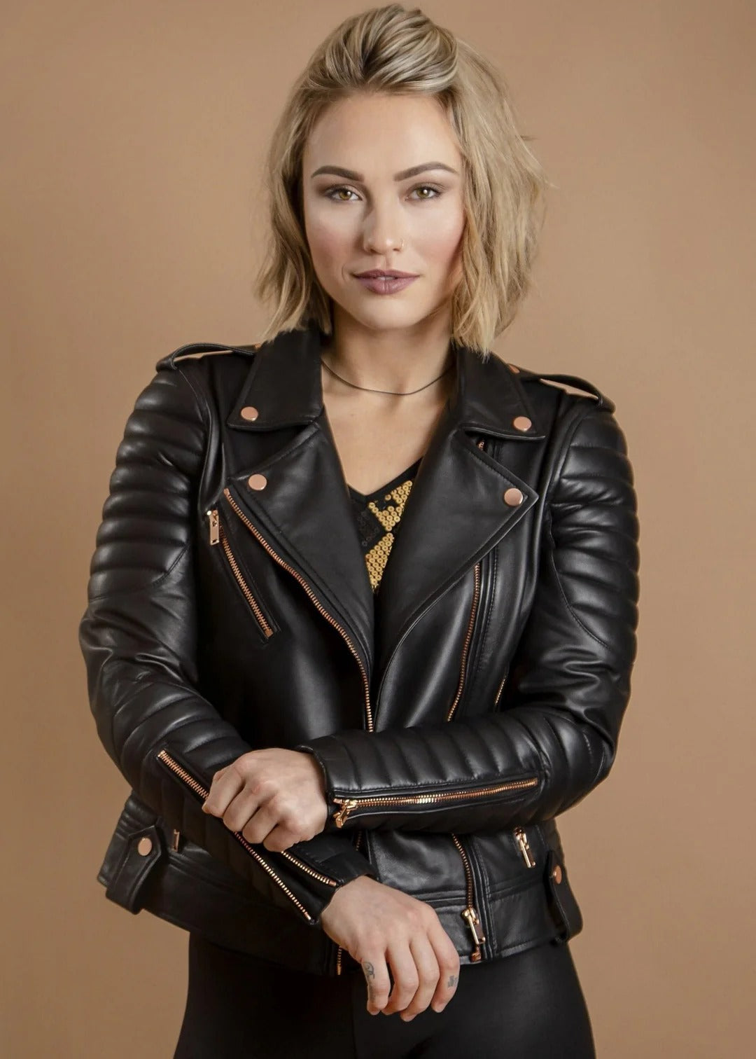 Gasoline Rose Gold Leather Jacket | Premium Handmade Biker Jacket
