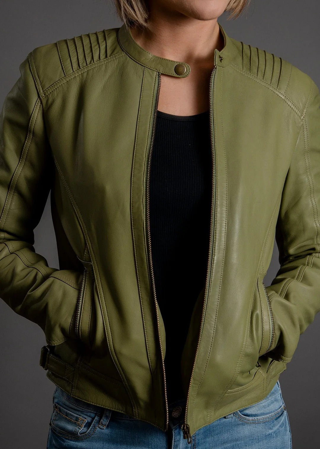 McKenzie Olive Green Leather Jacket | Premium Women's Moto Leather Jacket