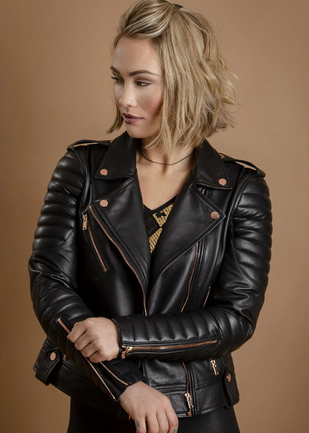 Gasoline Rose Gold Leather Jacket | Premium Handmade Biker Jacket