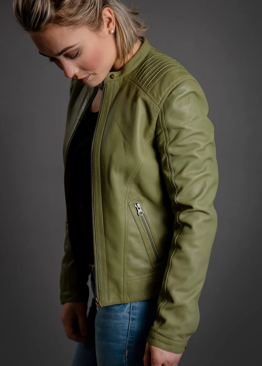 McKenzie Olive Green Leather Jacket | Premium Women's Moto Leather Jacket