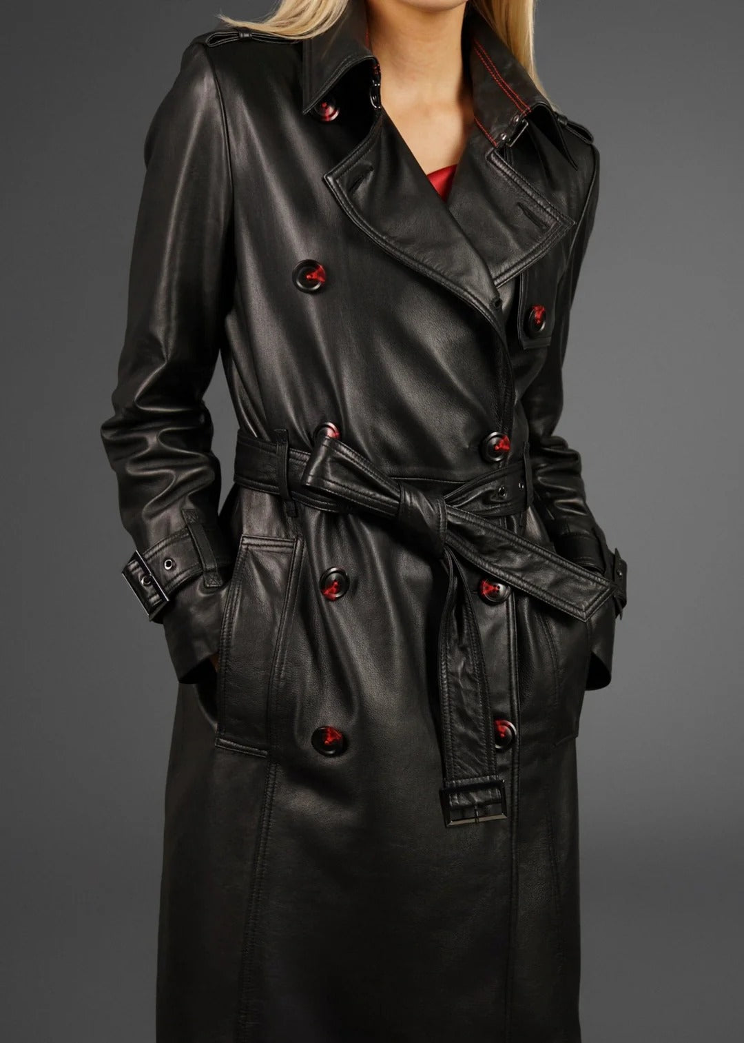 Koel Black Leather Trench Coat | Premium Genuine Leather Long Coat
