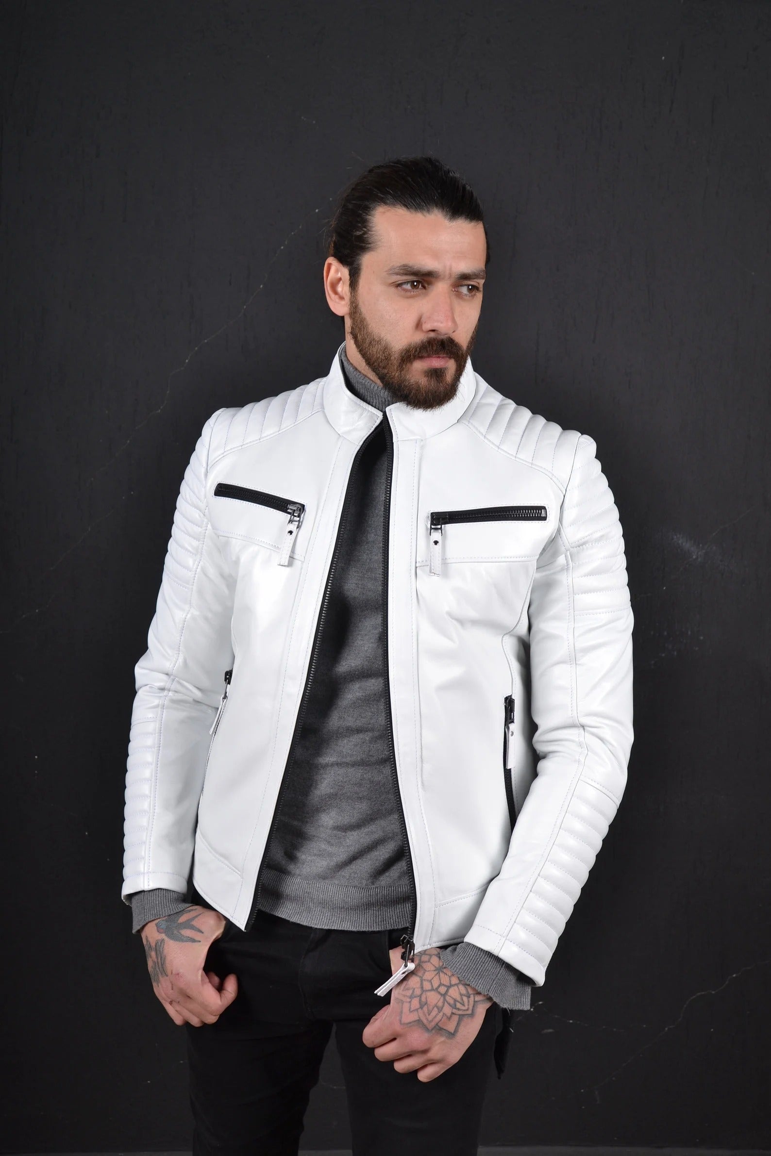Men's White Genuine Lamb Leather Biker Jacket | Premium Handmade Motorcycle Jacket