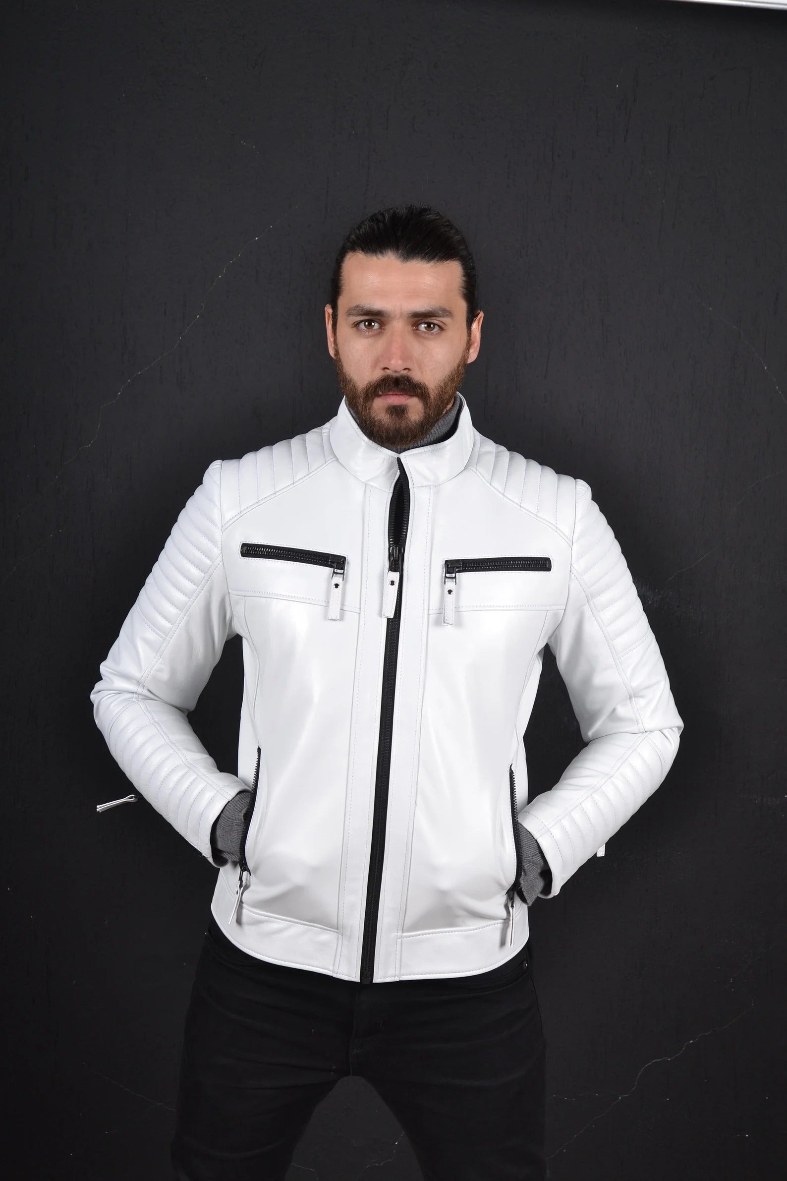 Men's White Genuine Lamb Leather Biker Jacket | Premium Handmade Motorcycle Jacket