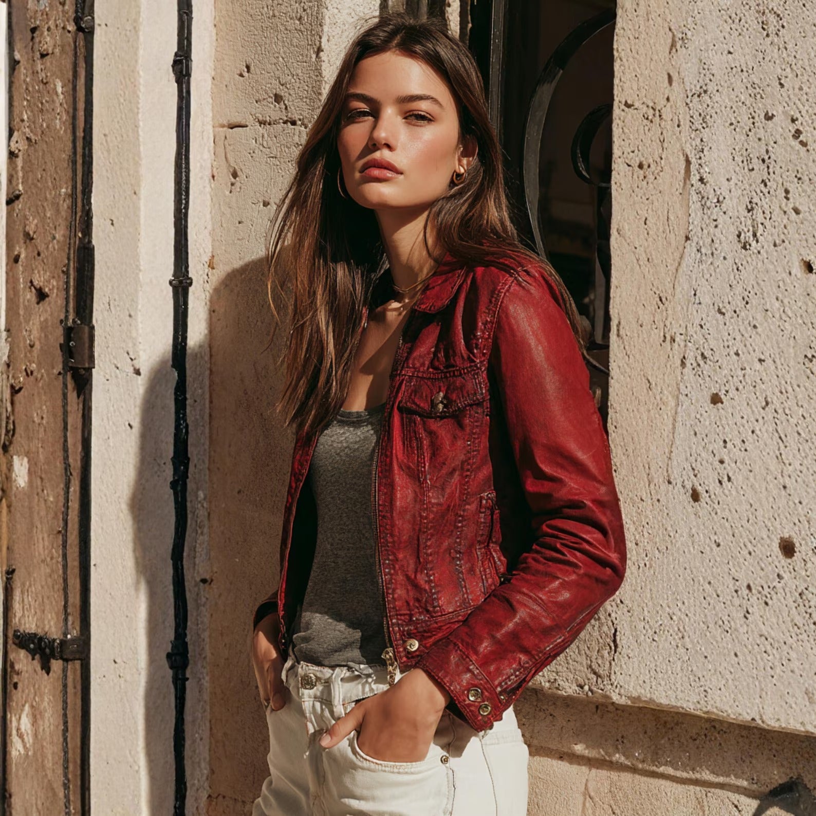 Women's Red Real Sheepskin Leather Biker Jacket | Slim Fit Handmade Moto Jacket | Vintage Style