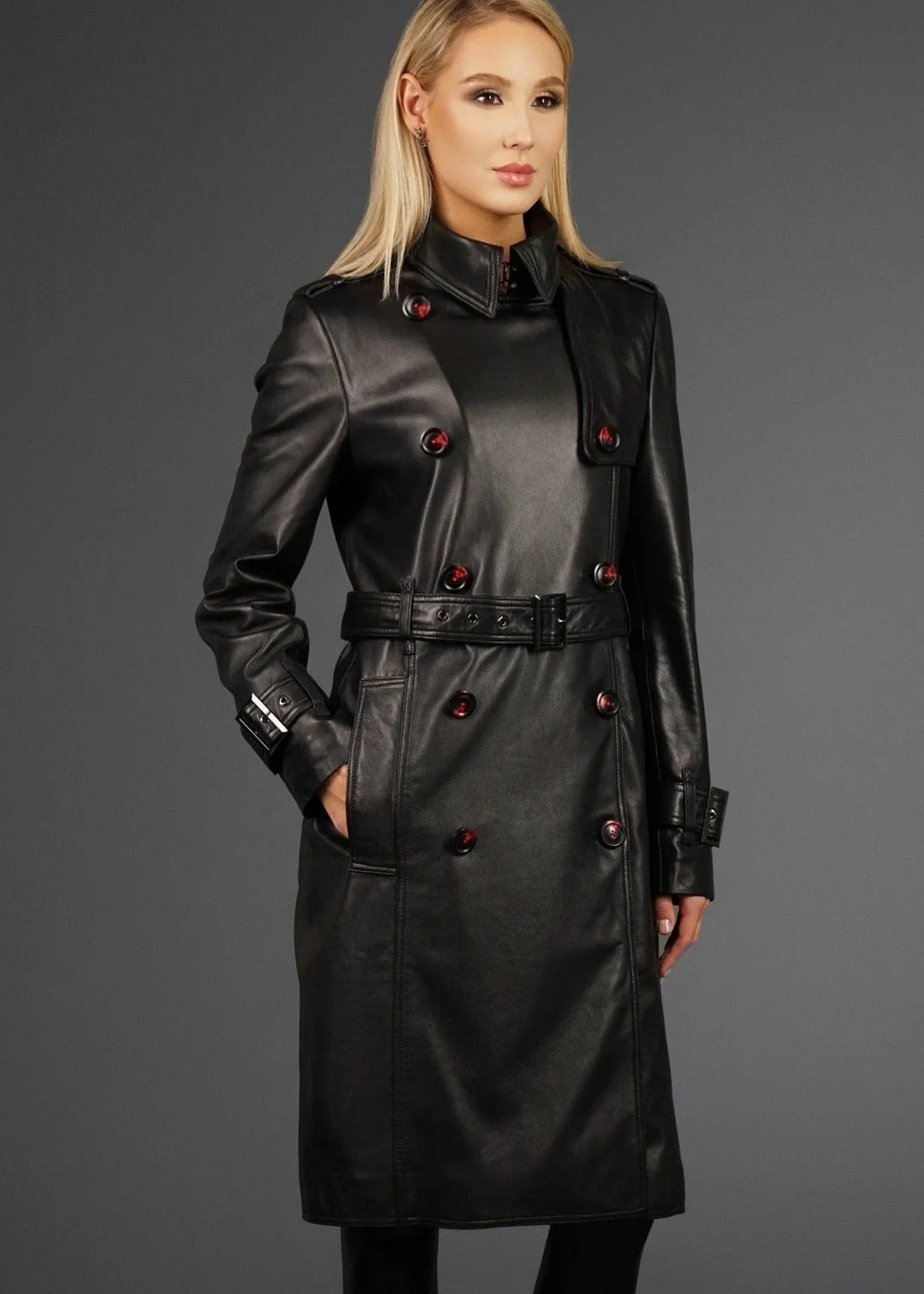 Koel Black Leather Trench Coat | Premium Genuine Leather Long Coat