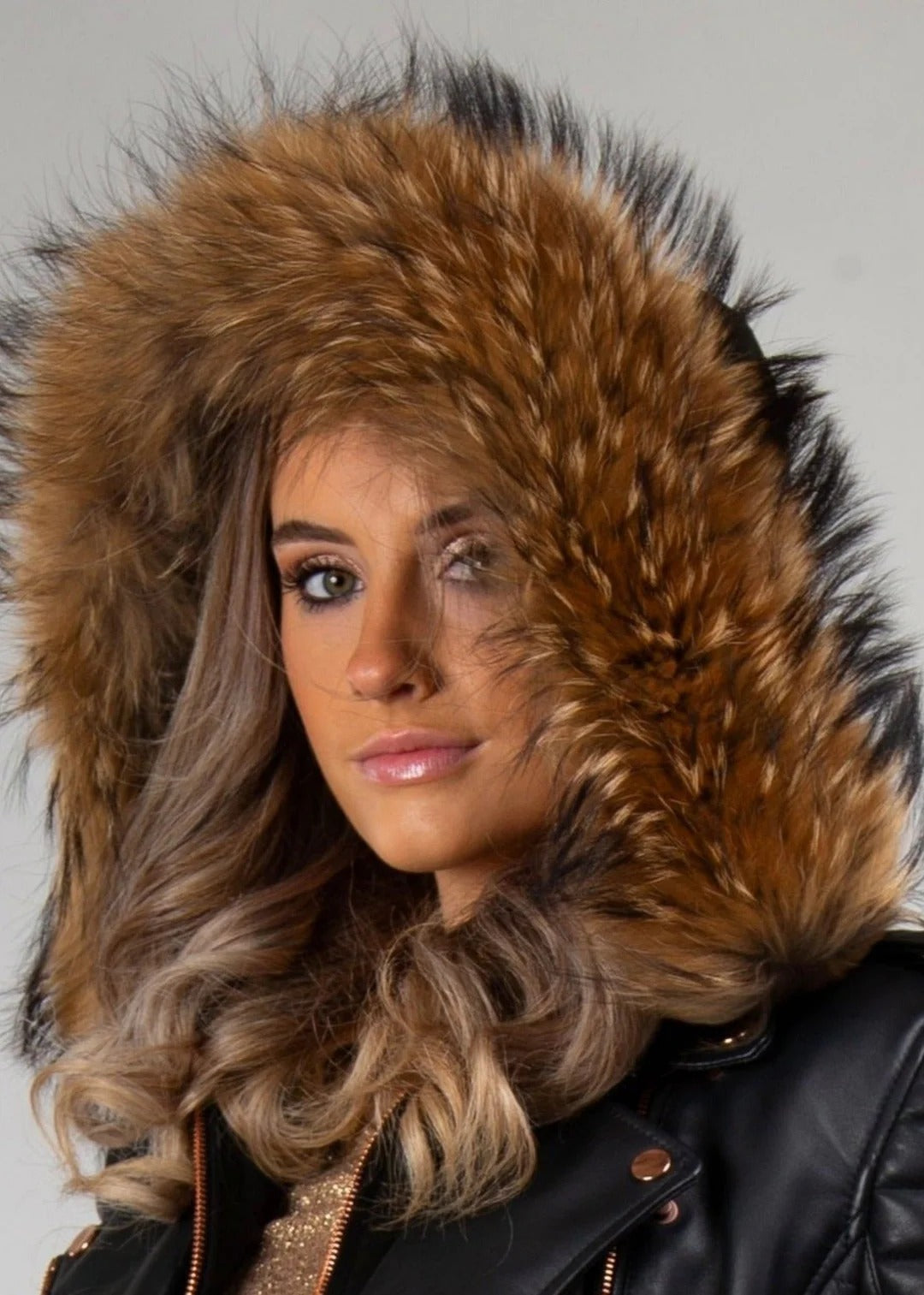Gasoline Rose Gold Leather Jacket with Detachable Hood & Real Raccoon Fur | Wind Chill