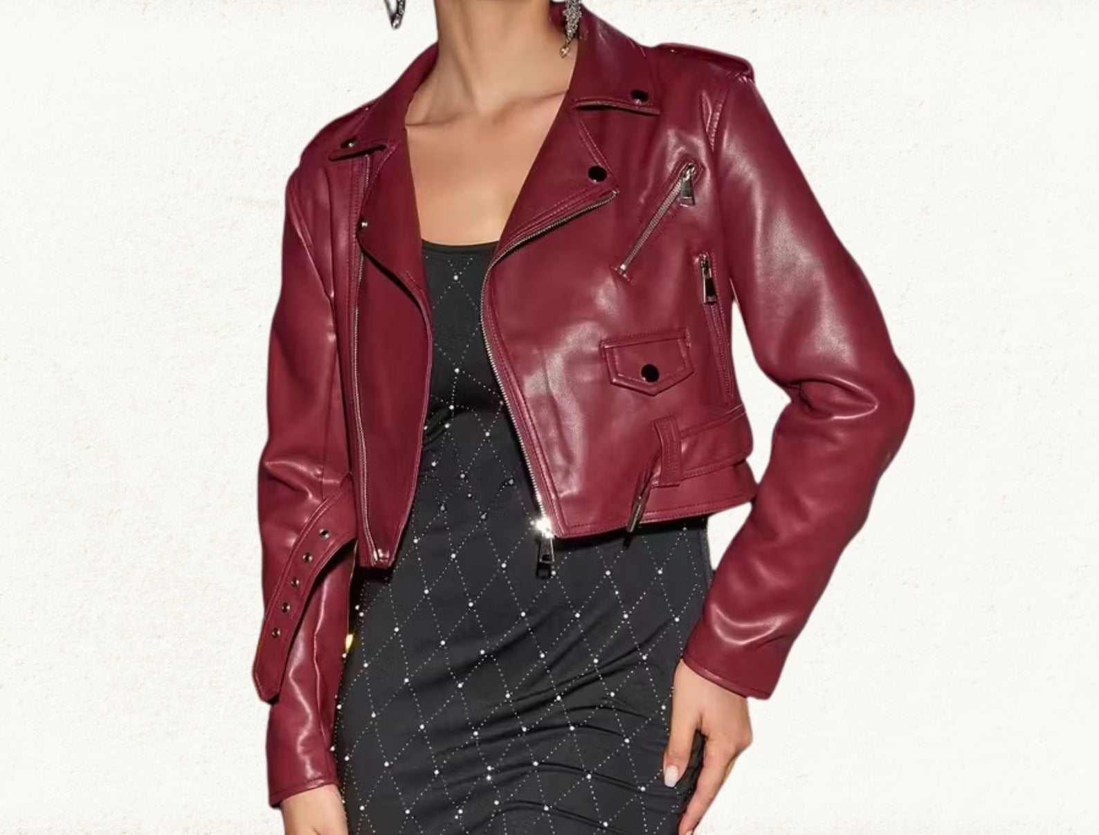 Women's Burgundy Genuine Leather Motorcycle Jacket | Cropped Biker Jacket | Handmade