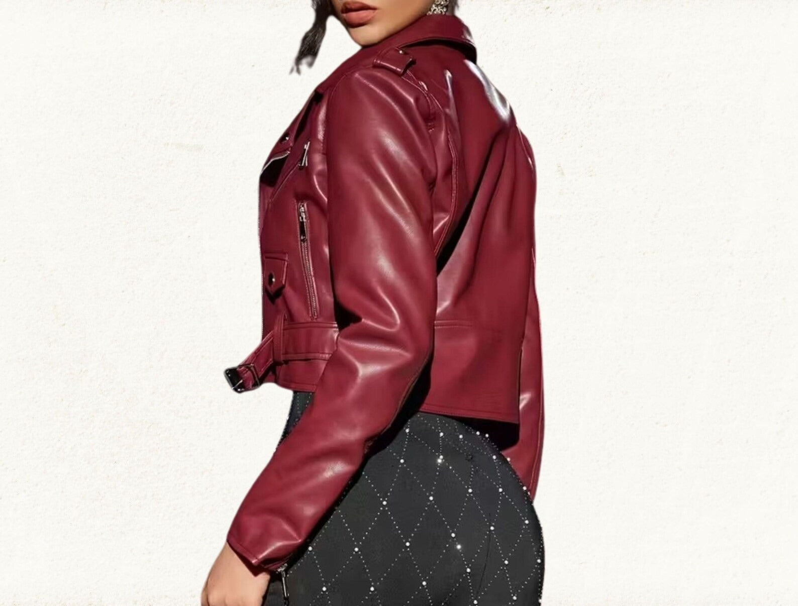 Women's Burgundy Genuine Leather Motorcycle Jacket | Cropped Biker Jacket | Handmade