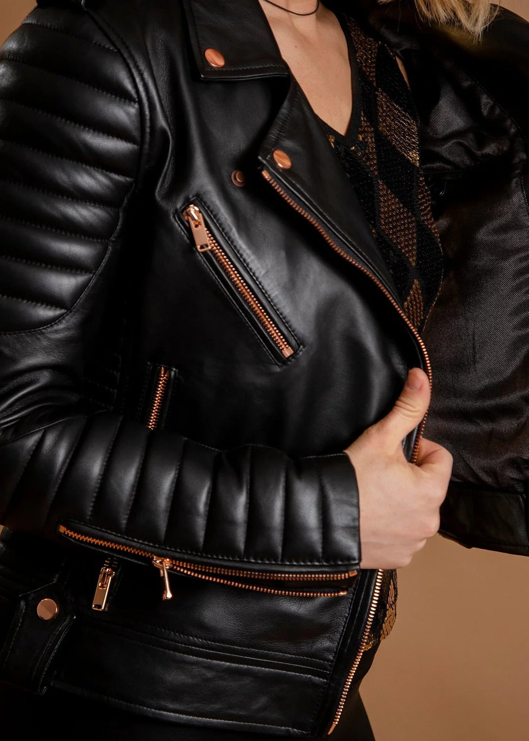 Gasoline Rose Gold Leather Jacket | Premium Handmade Biker Jacket