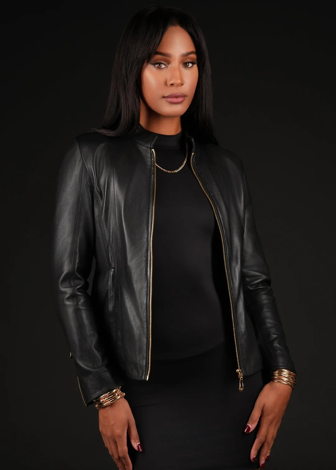 Aspen Black Leather Jacket with Gold Teardrop Zipper | Black Gold