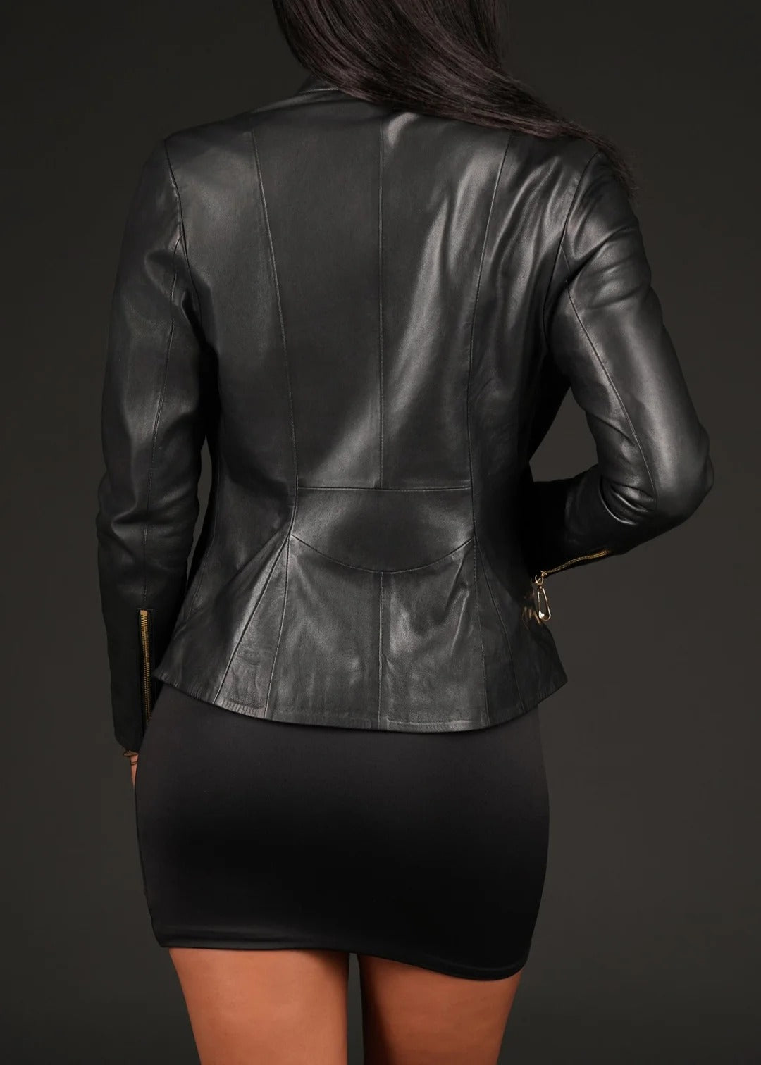 Aspen Black Leather Jacket with Gold Teardrop Zipper | Black Gold