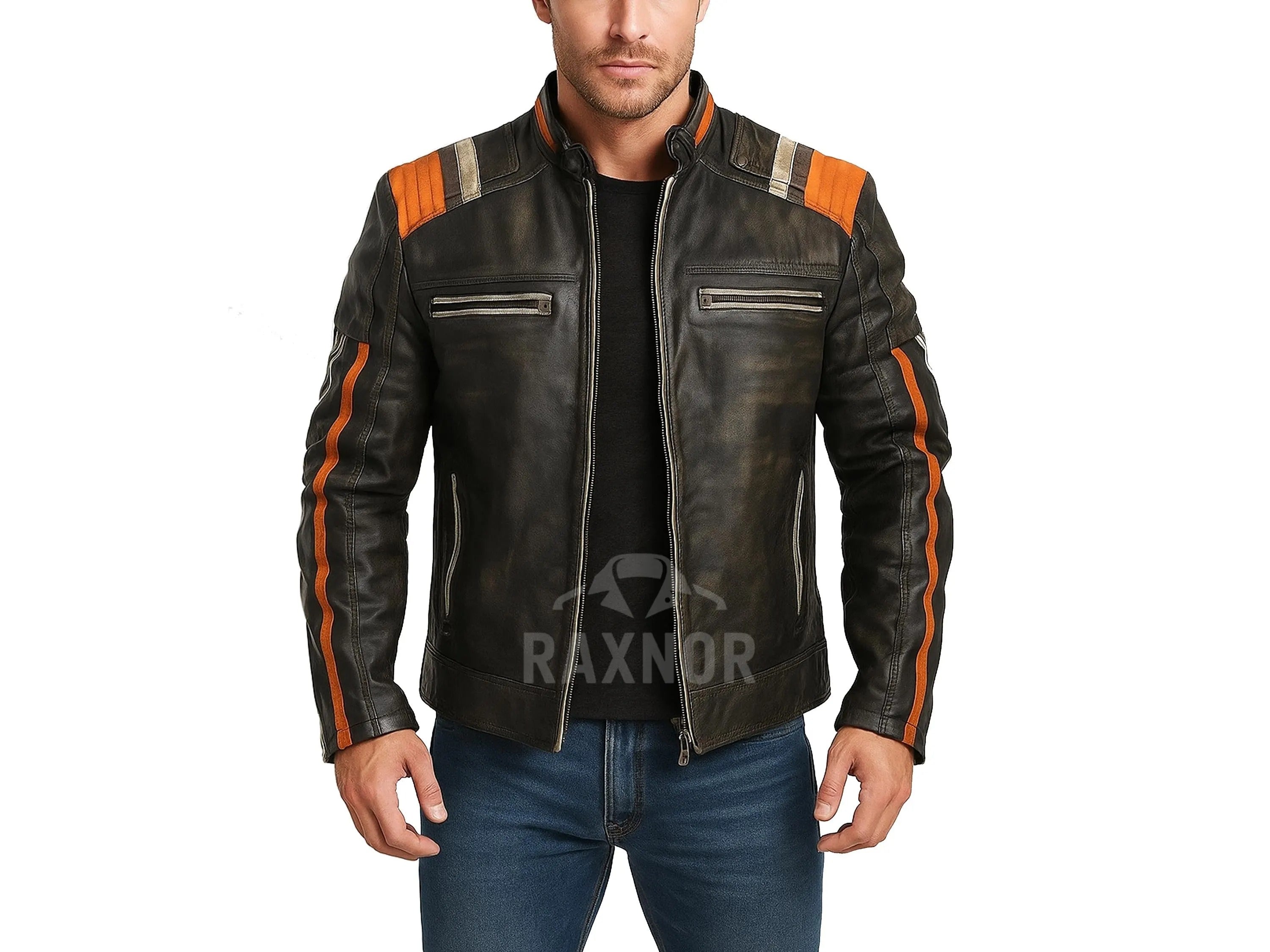 Men's Vintage Black Cafe Racer Leather Jacket | Distressed Striped Biker Style
