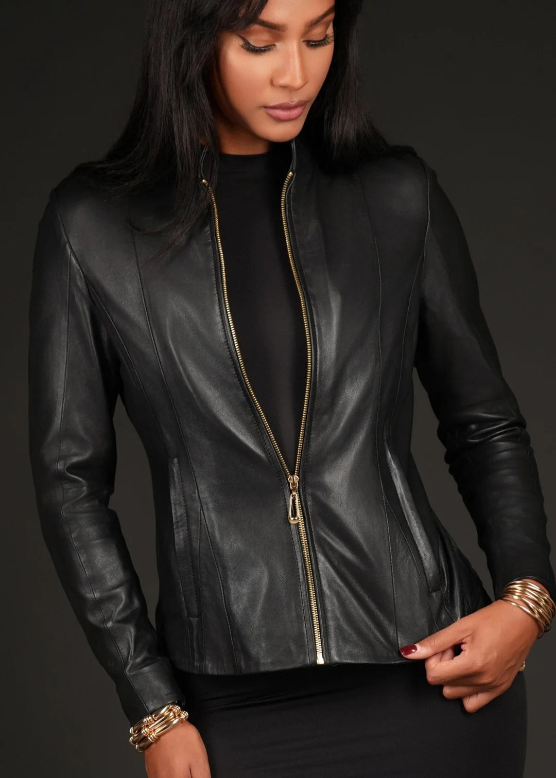 Aspen Black Leather Jacket with Gold Teardrop Zipper | Black Gold