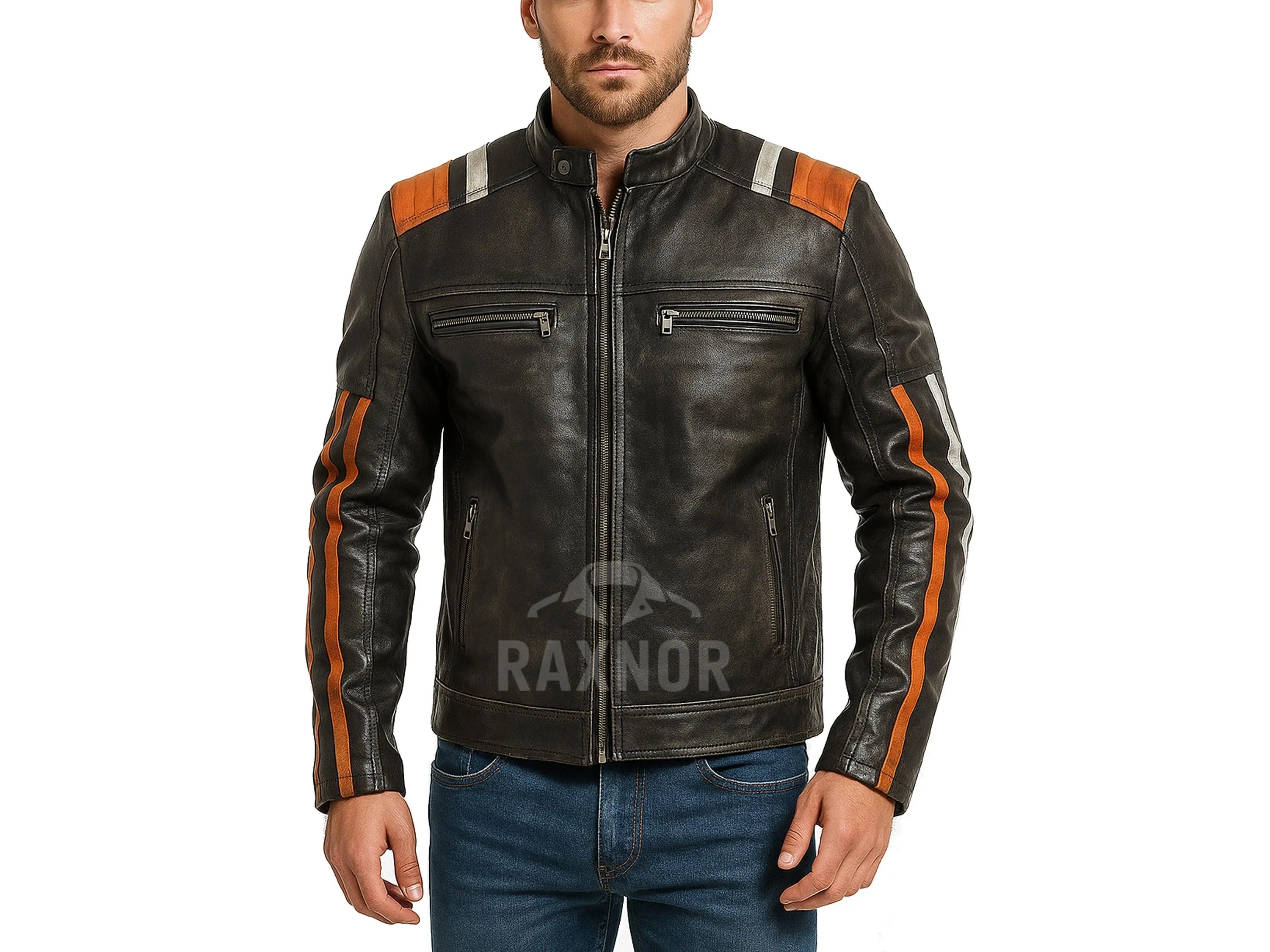 Men's Vintage Black Cafe Racer Leather Jacket | Distressed Striped Biker Style