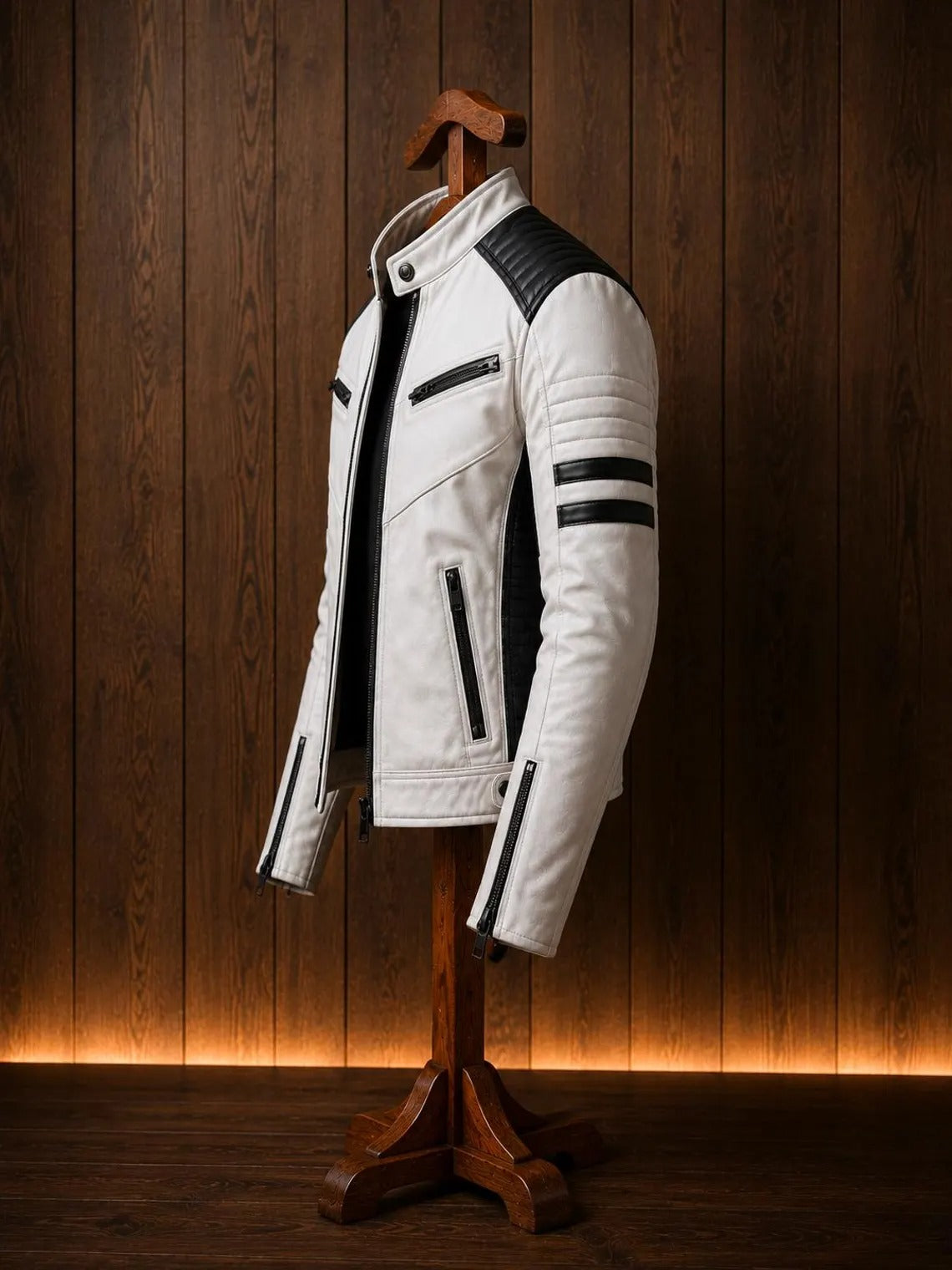 Men's White Genuine Leather Cafe Racer Jacket | Slim Fit Black Stripe Motorcycle Jacket